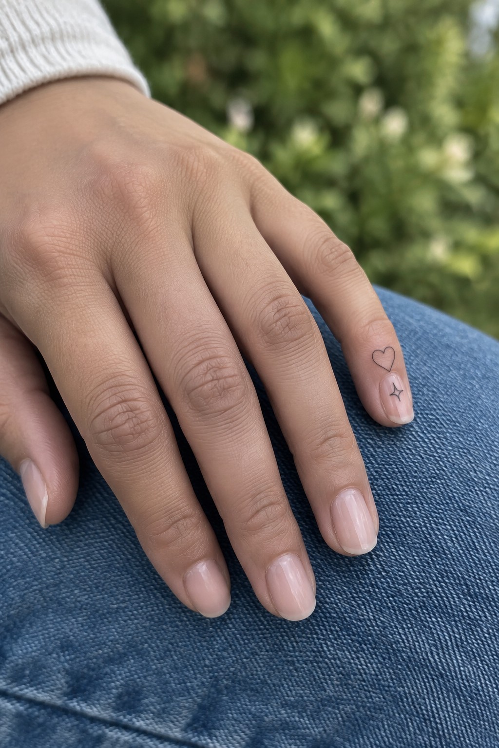 Hand with manicured nails, heart and star tattoos resting on blue denim jeans.