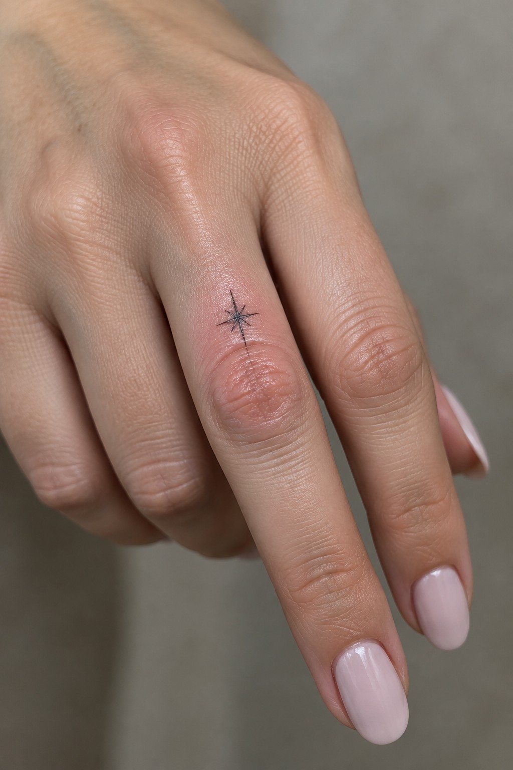 Hand with light pink nails and a small black star tattoo on the finger.