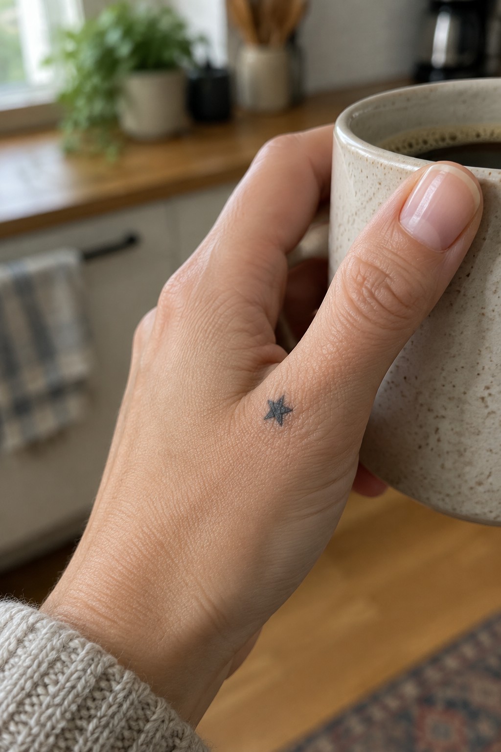 Hand in beige knit sweater with small star tattoo holding speckled coffee mug