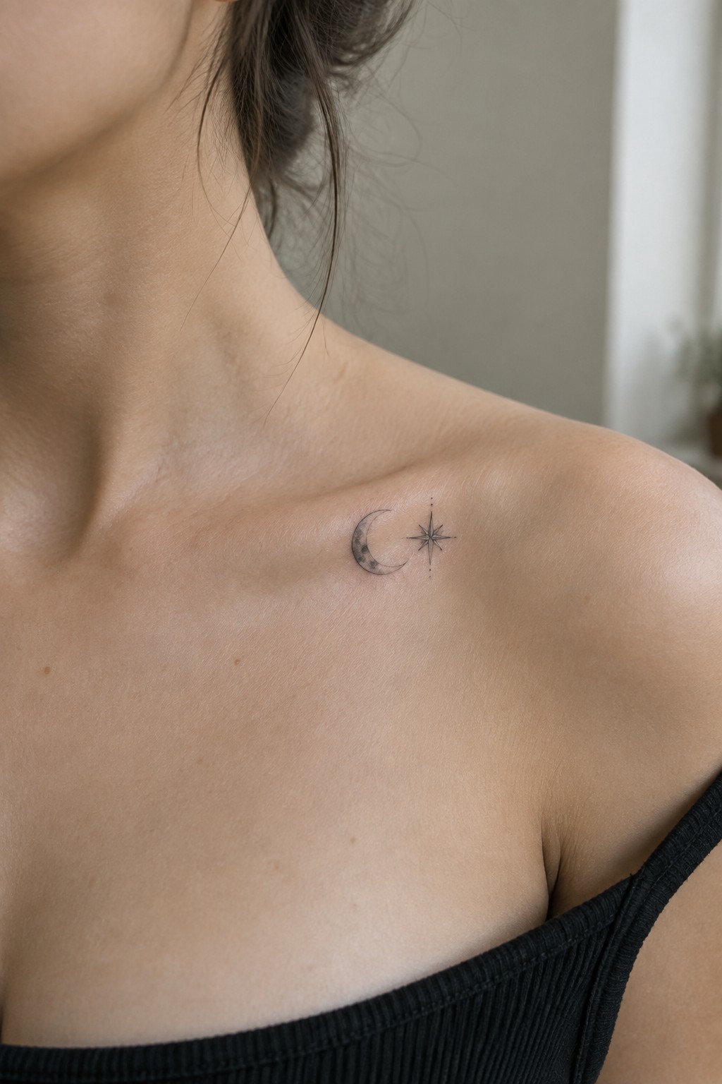 Small fine line tattoo of a crescent moon and star on a woman's collarbone