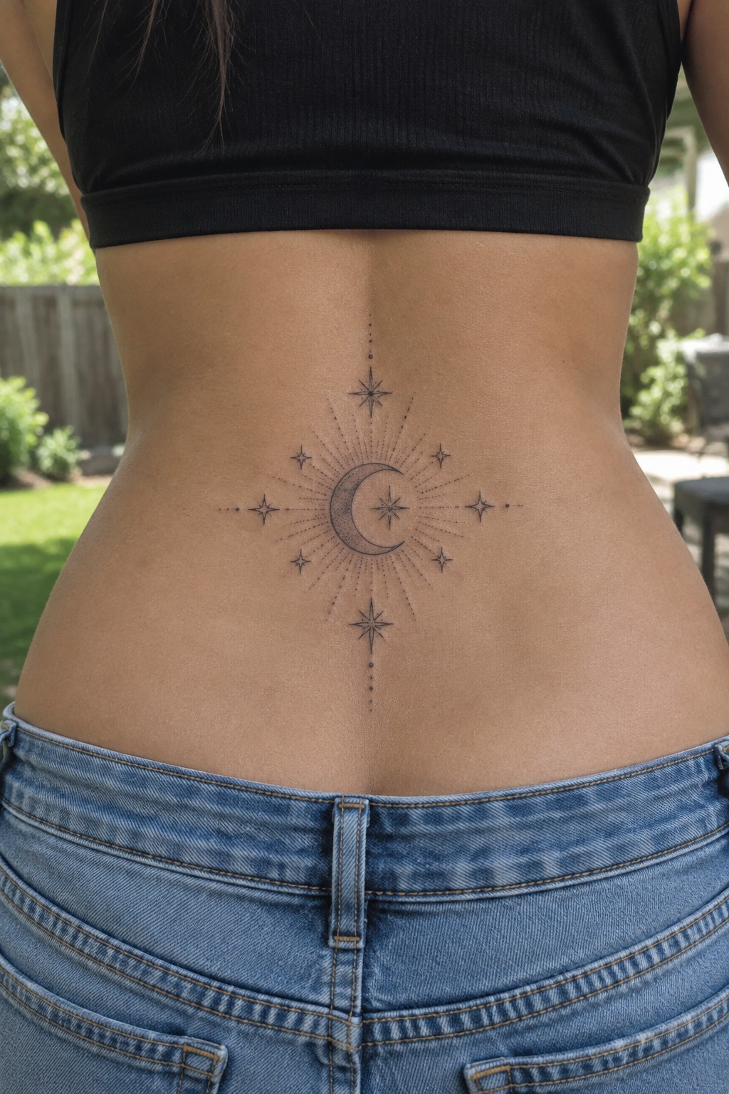 Lower back tattoo of crescent moon with stars and rays, black crop top and jeans.