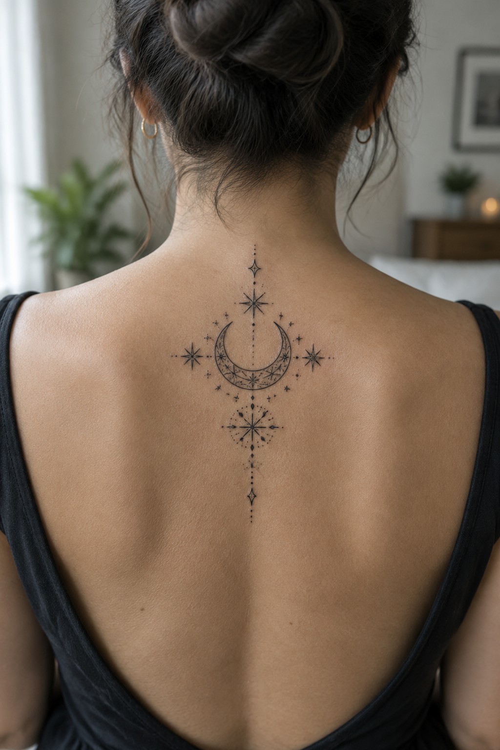 Woman's back in black top with dark bun and ornate crescent moon-stars tattoo