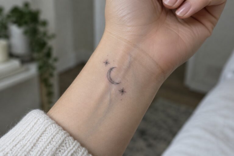 24 Delicate Fine-Line Spiritual Tattoos for Women Featuring Moon and Star Motifs Wrist with crescent moon and three stars tattoo above beige knit sweater cuff