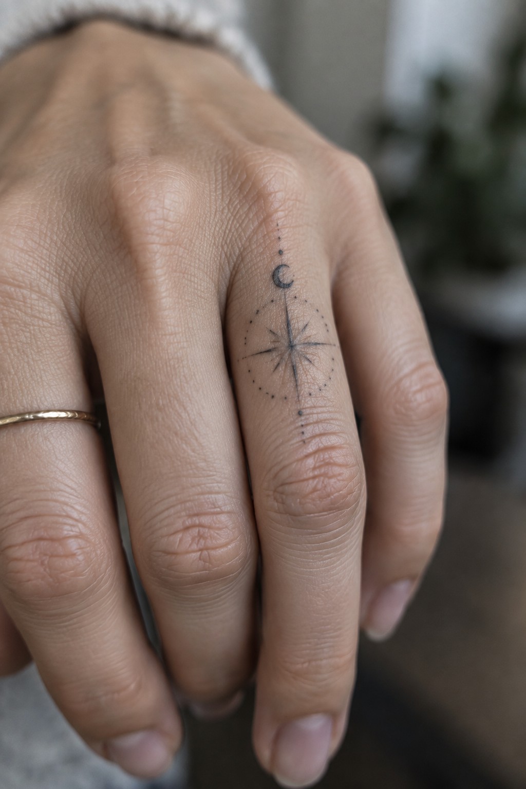 Hand with compass rose and crescent moon tattoo beside thin gold ring.