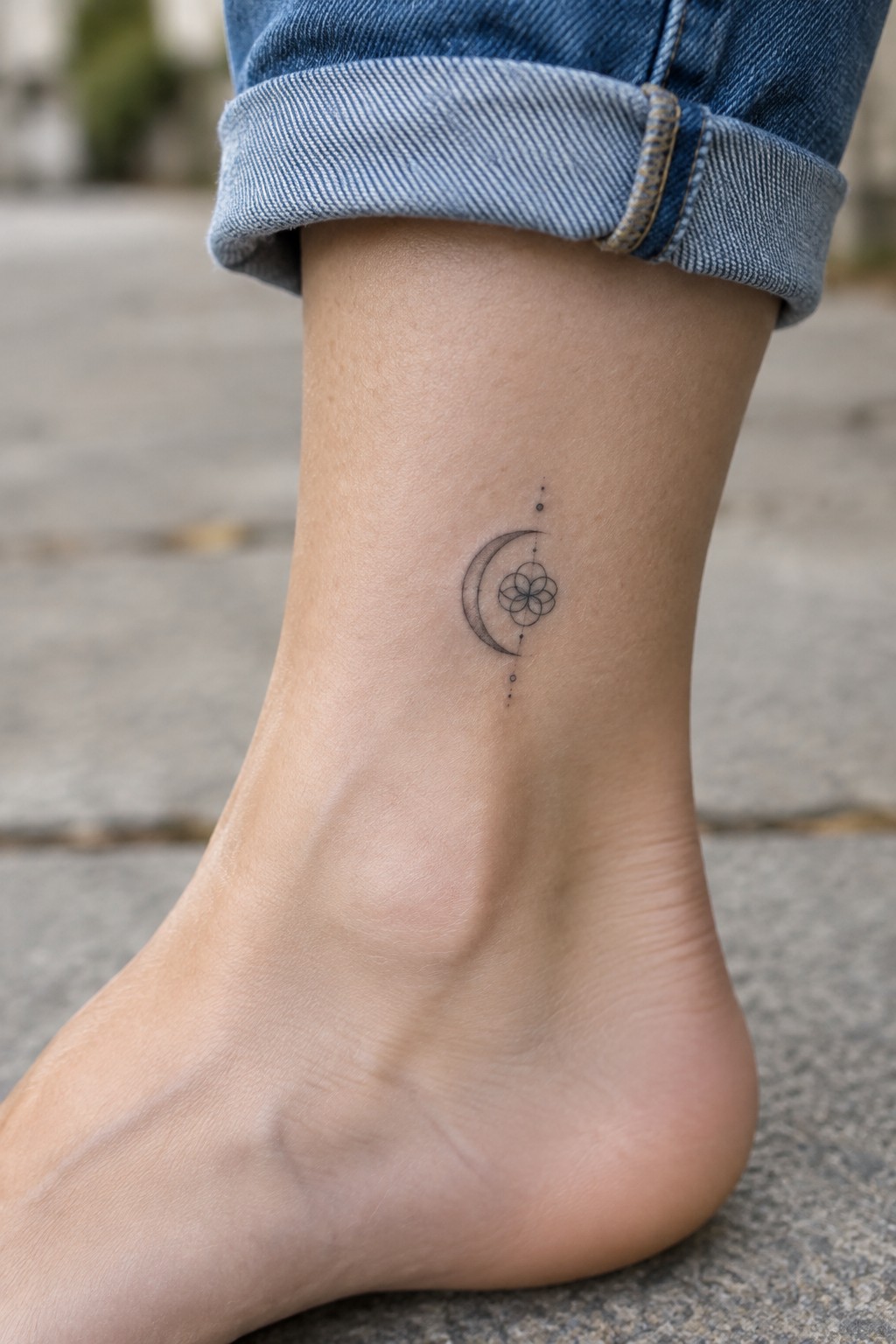 Fine line tattoo on the outer ankle showing a crescent moon with a geometric flower and a vertical dotted line.