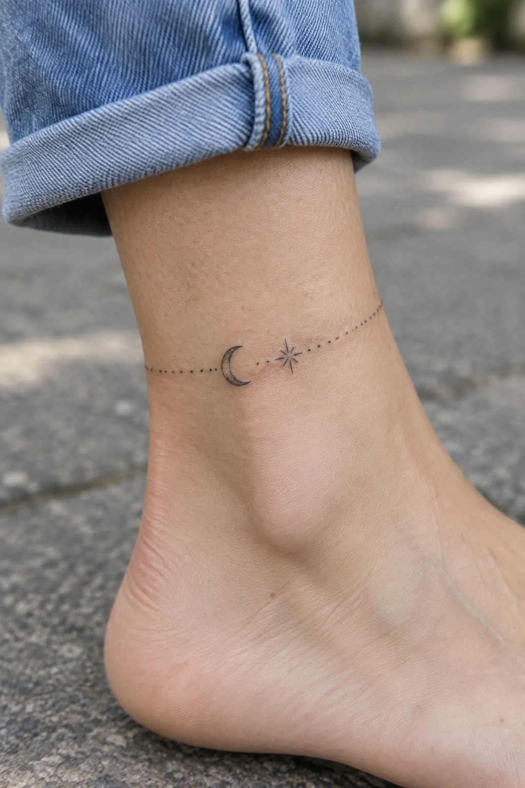 Ankle tattoo of crescent moon, dotted line, and star under cuffed blue jeans