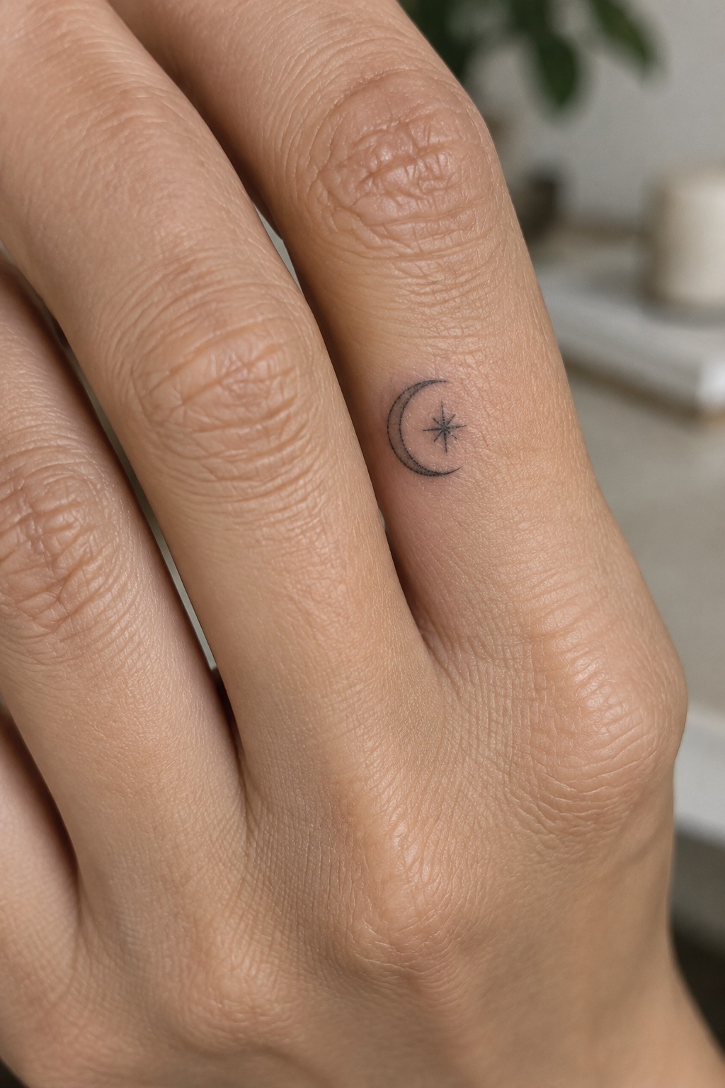 Light-skinned hand with small crescent moon and star tattoo on ring finger.