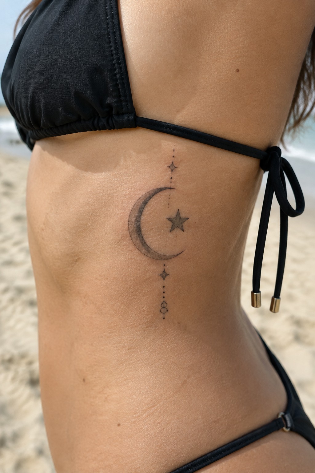 Fine line crescent moon and star tattoo with dotted vertical accents placed on the side torso under the bikini top