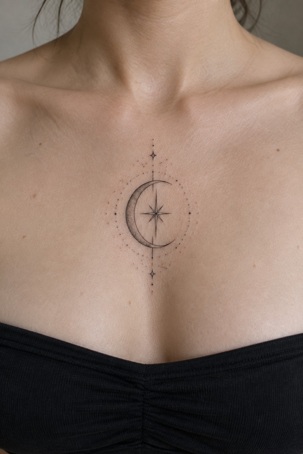 Crescent moon and star tattoo on chest above black top