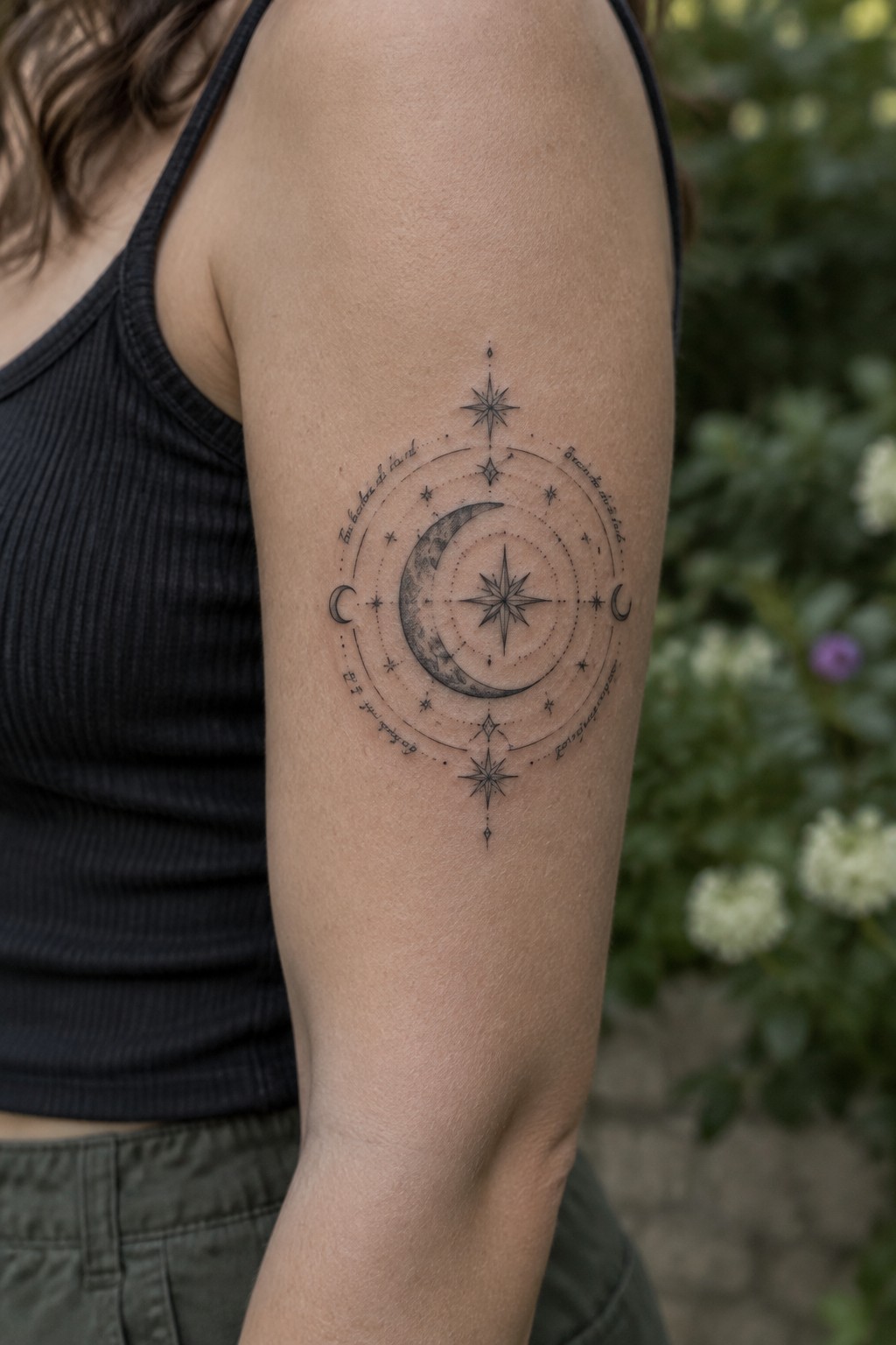 Woman's upper arm with black celestial moon and stars tattoo, wearing tank top.