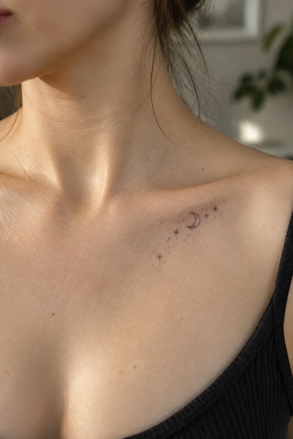 Crescent moon and stars tattoo on sunlit shoulder above black tank top
