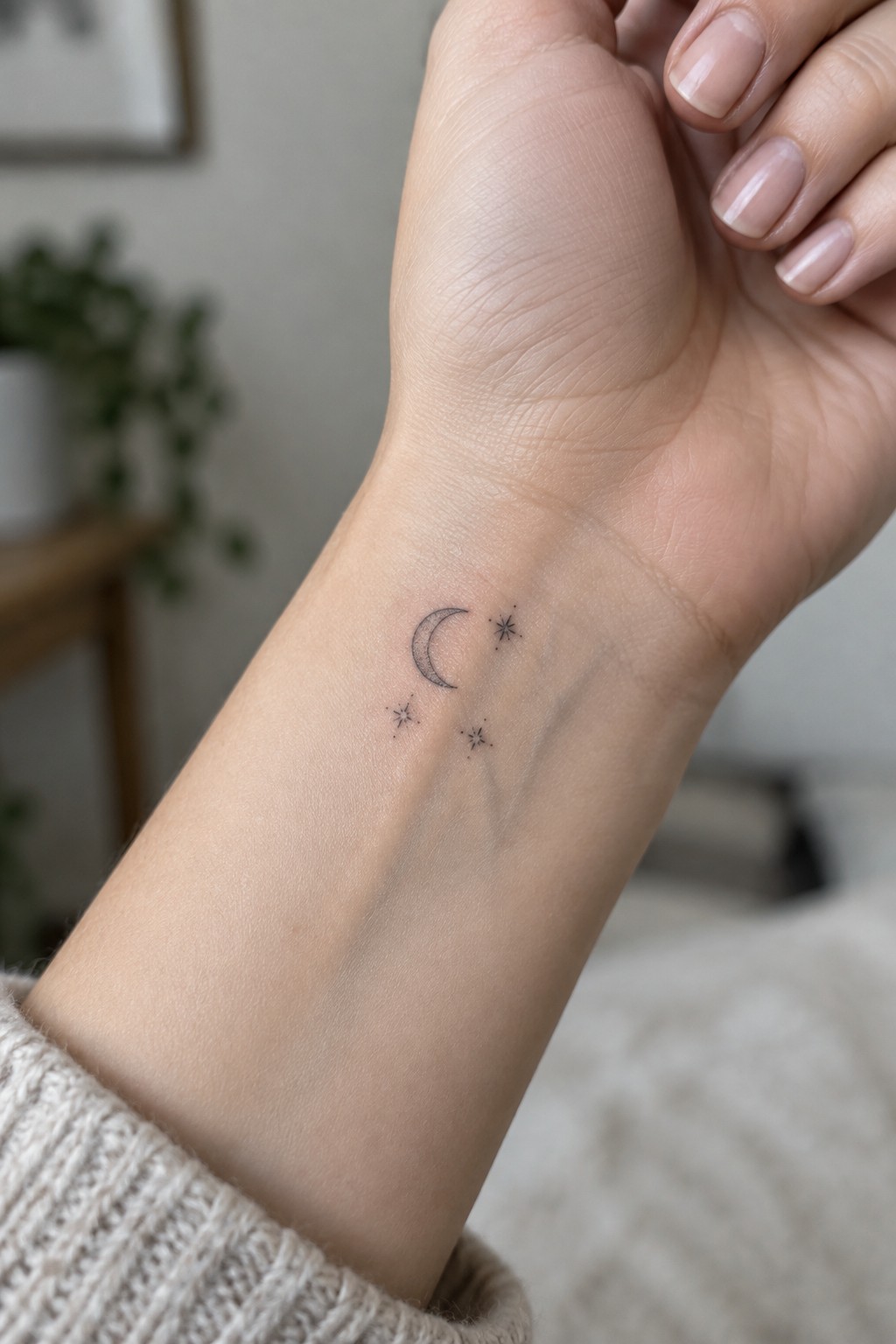 Wrist with crescent moon and three stars tattoo above beige knit sweater cuff