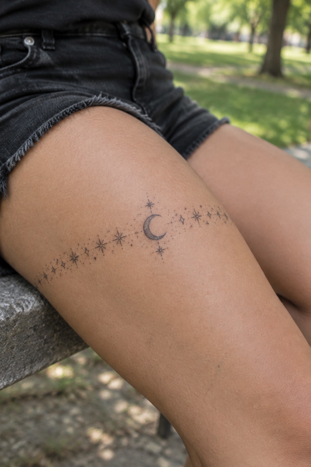 Crescent moon and stars tattoo on thigh with black denim shorts in park
