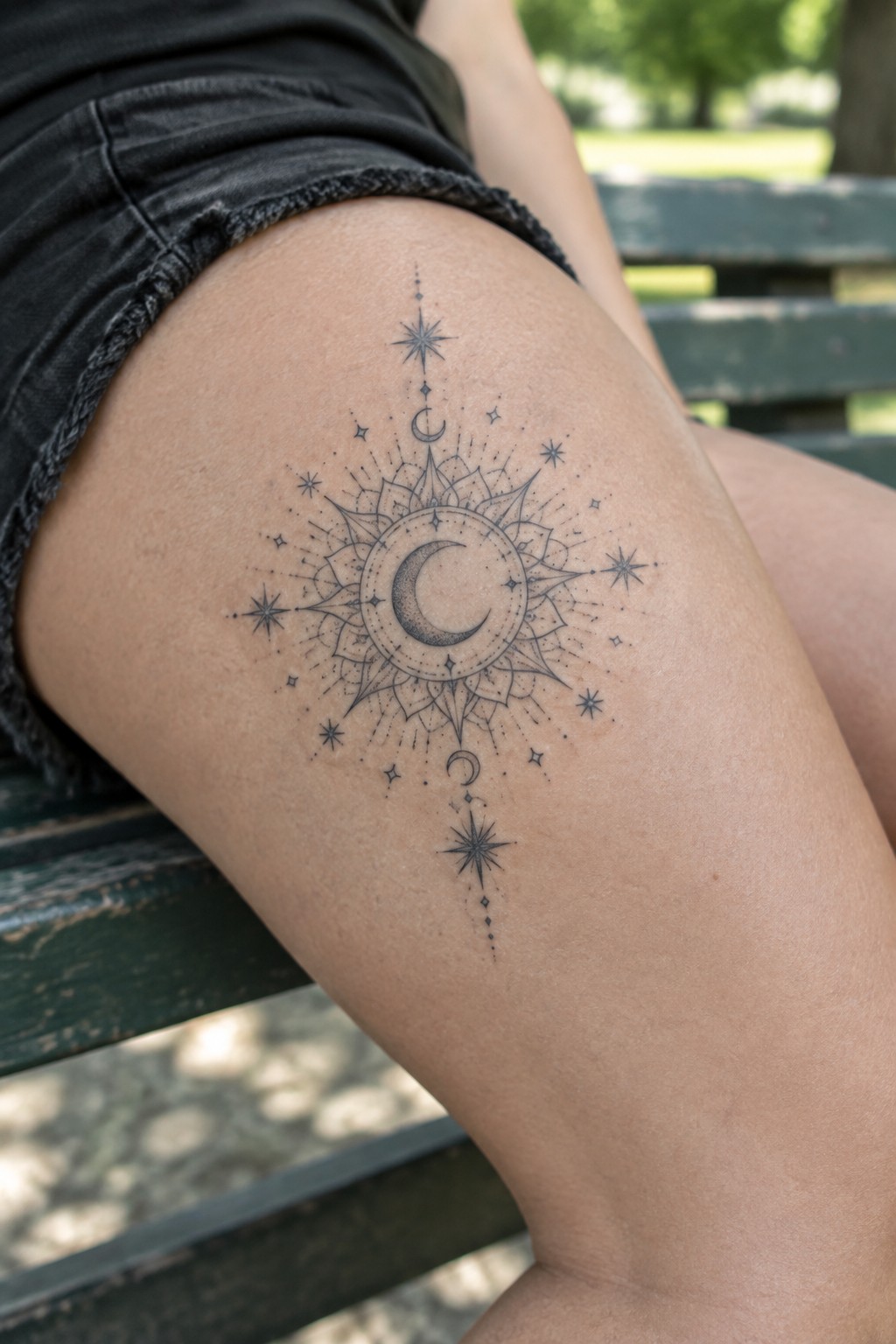 Ornate celestial moon mandala tattoo on thigh above black denim shorts on bench.
