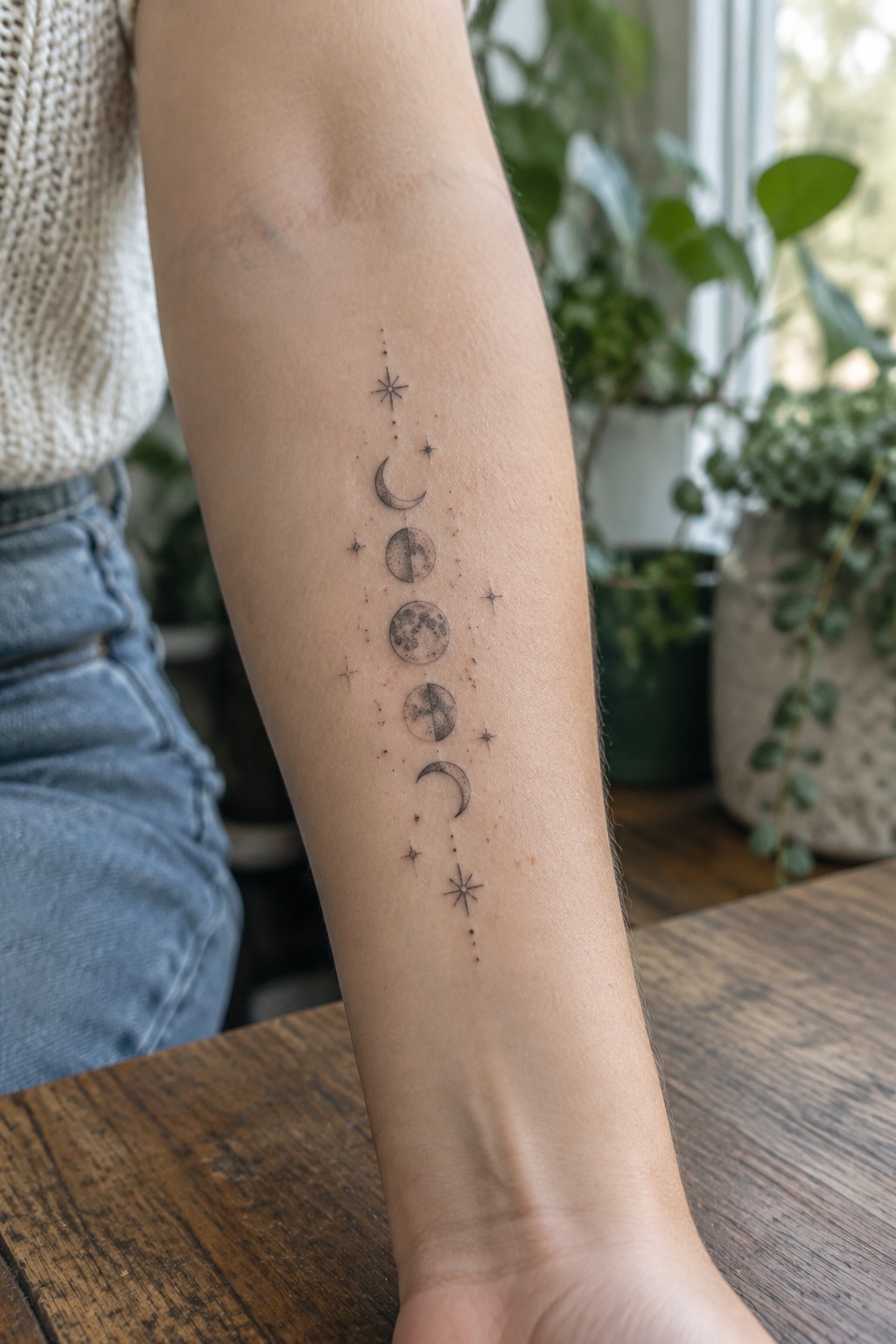 Arm with moon phases tattoo and stars, wearing knit sweater and jeans.