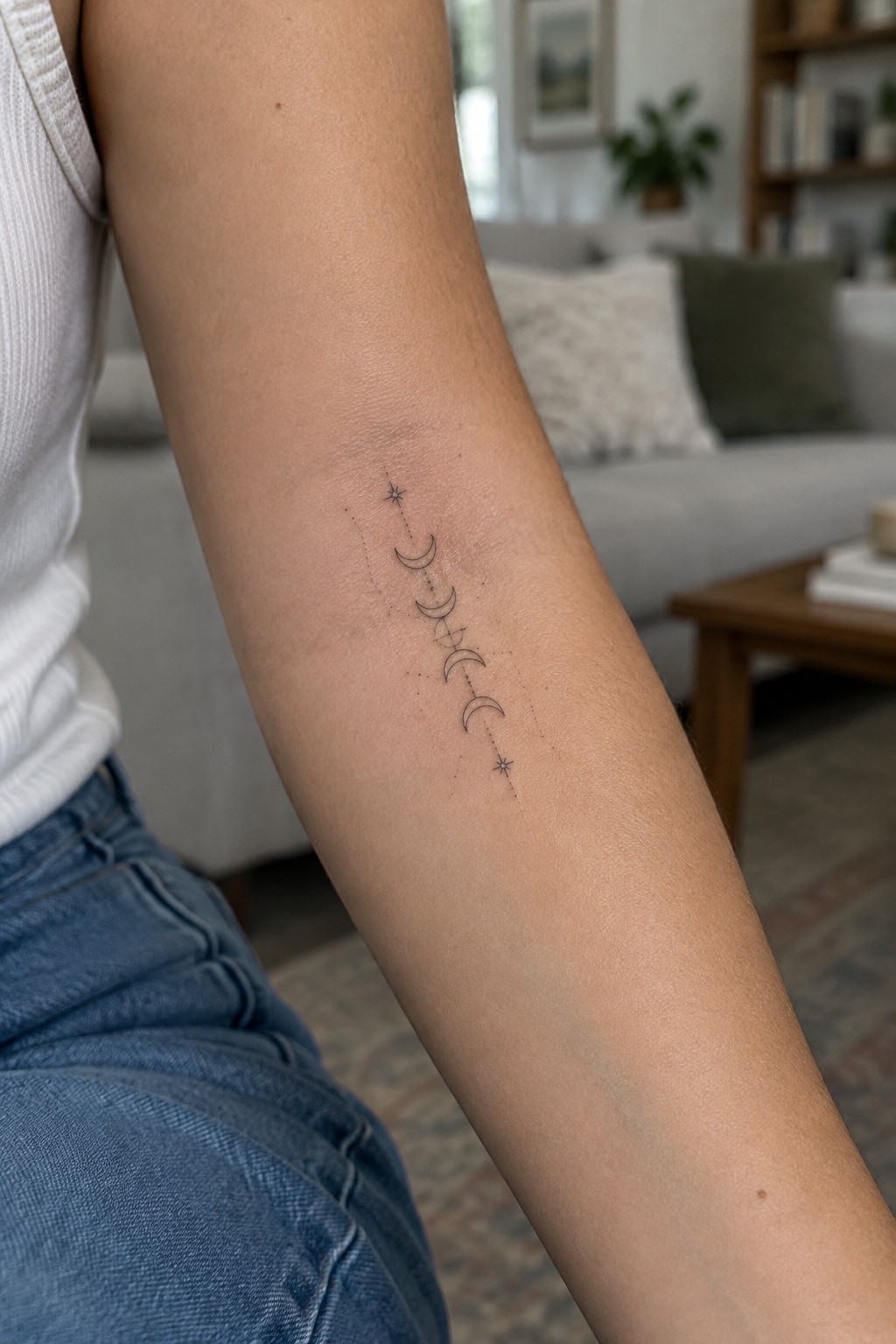 Person's arm with moon phase tattoo and stars, wearing white top and blue jeans.