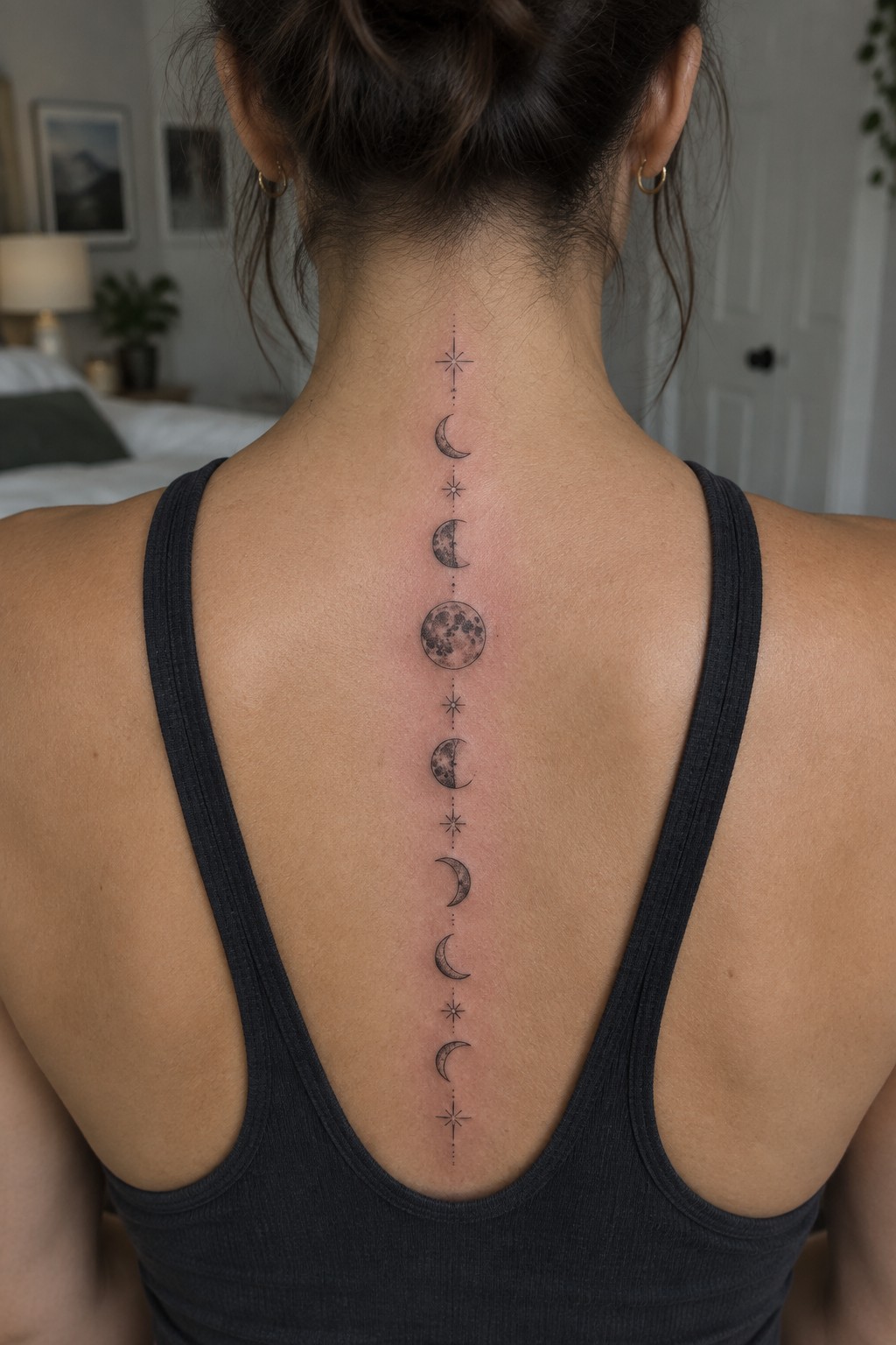 Fine line moon phase tattoo running vertically along a woman's spine with stars and dots connecting each phase.