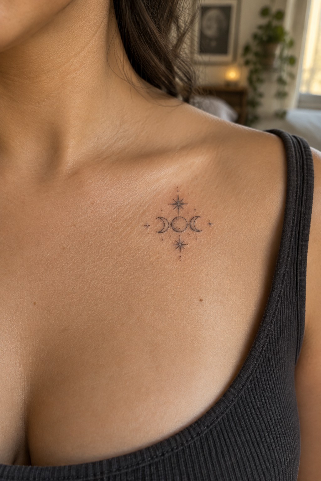 Celestial tattoo with crescent moons and stars on collarbone above gray tank top