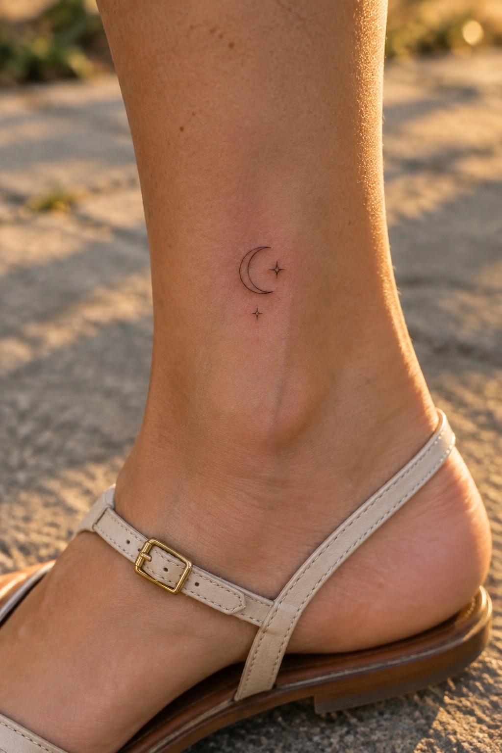 Ankle with crescent moon and stars tattoo above beige sandal strap on sandy ground.