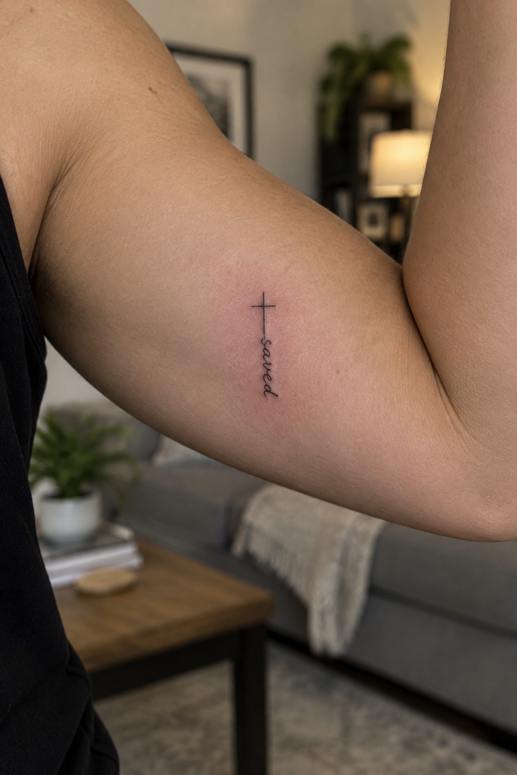 Arm with black sleeveless top and cross above 