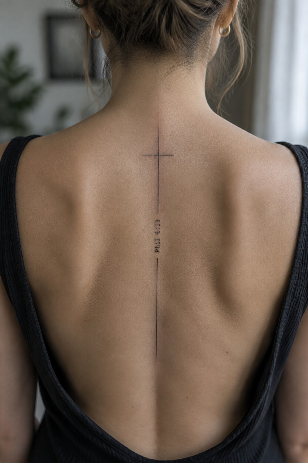 Woman’s back in black top with vertical cross tattoo and “Phil 4:13” text.