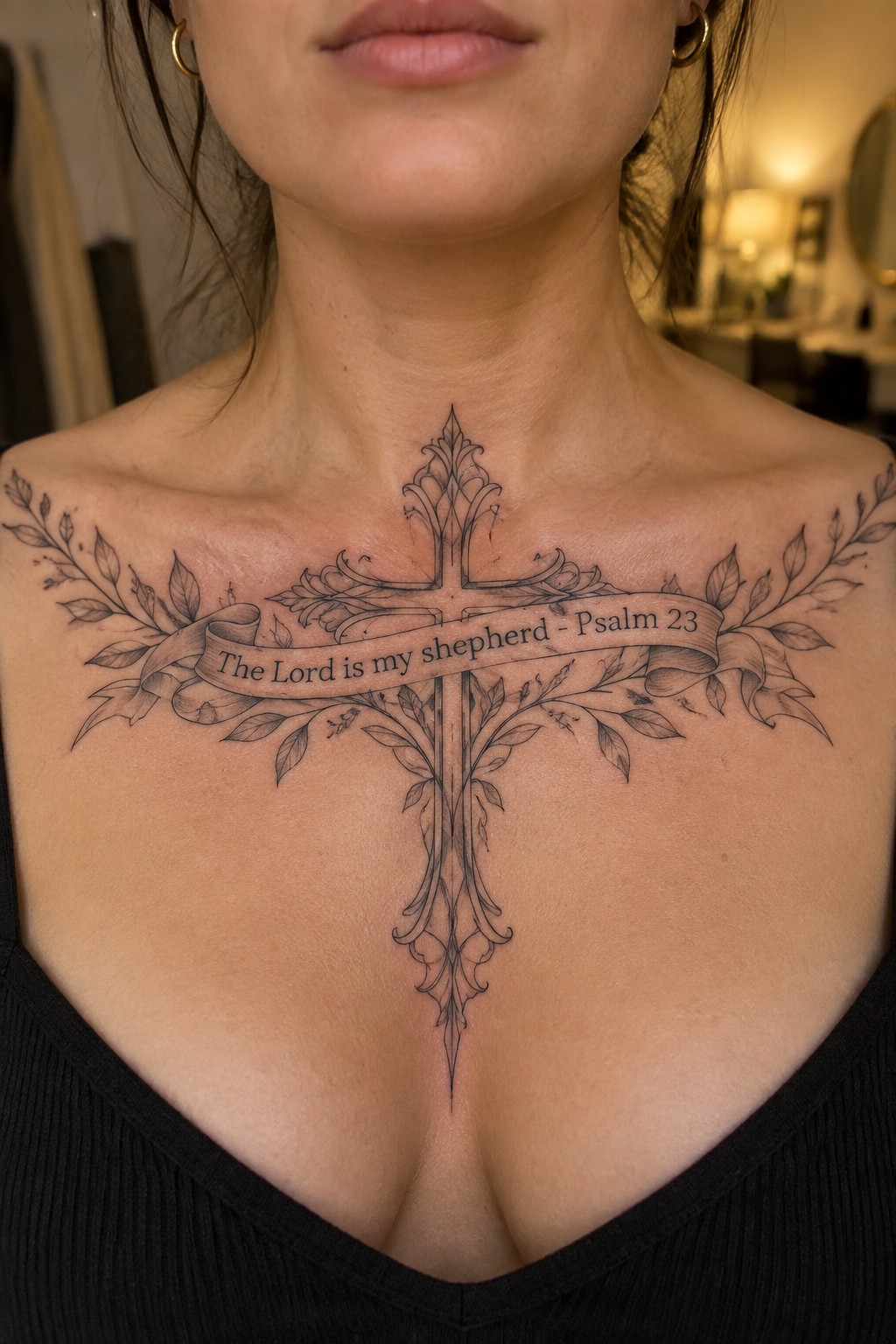 Ornate cross tattoo with leaves and 