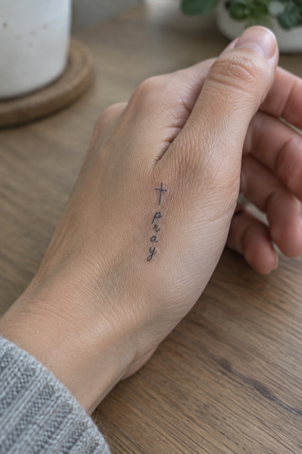 Fine line tattoo on the side of a hand with a small cross above the word pray written vertically in script