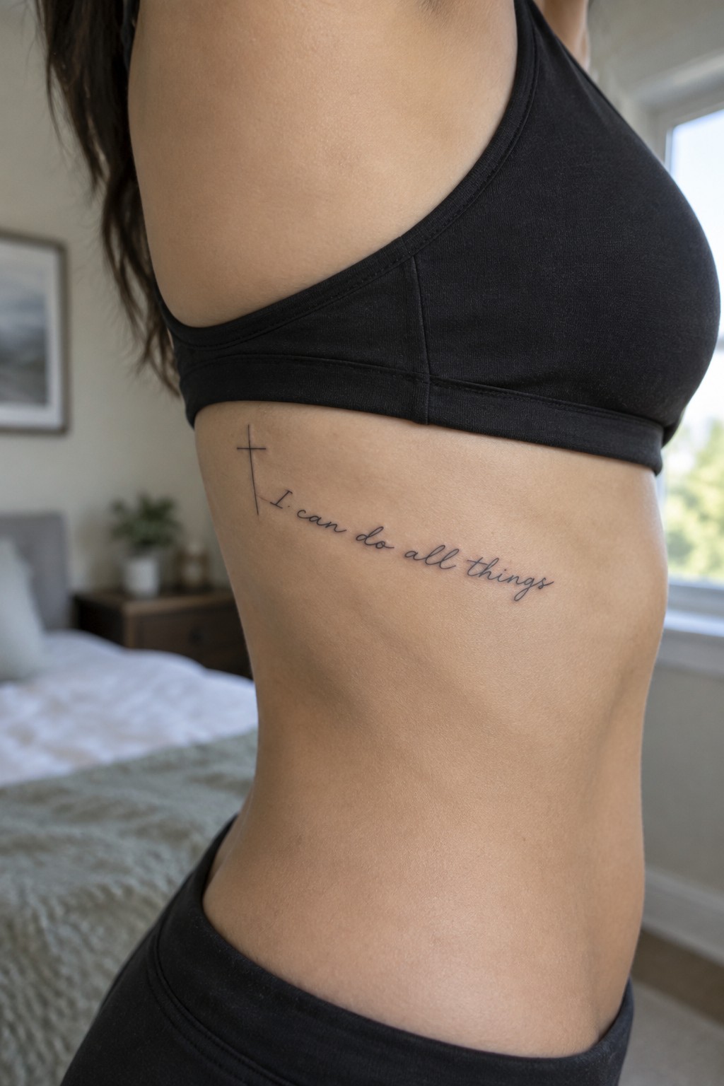 Woman in black top with cross and I can do all things tattoo on side