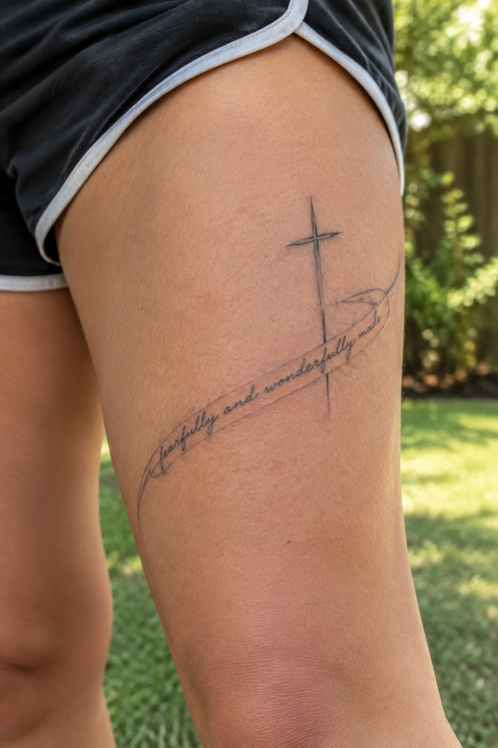 Black shorts on thigh with cross tattoo and 