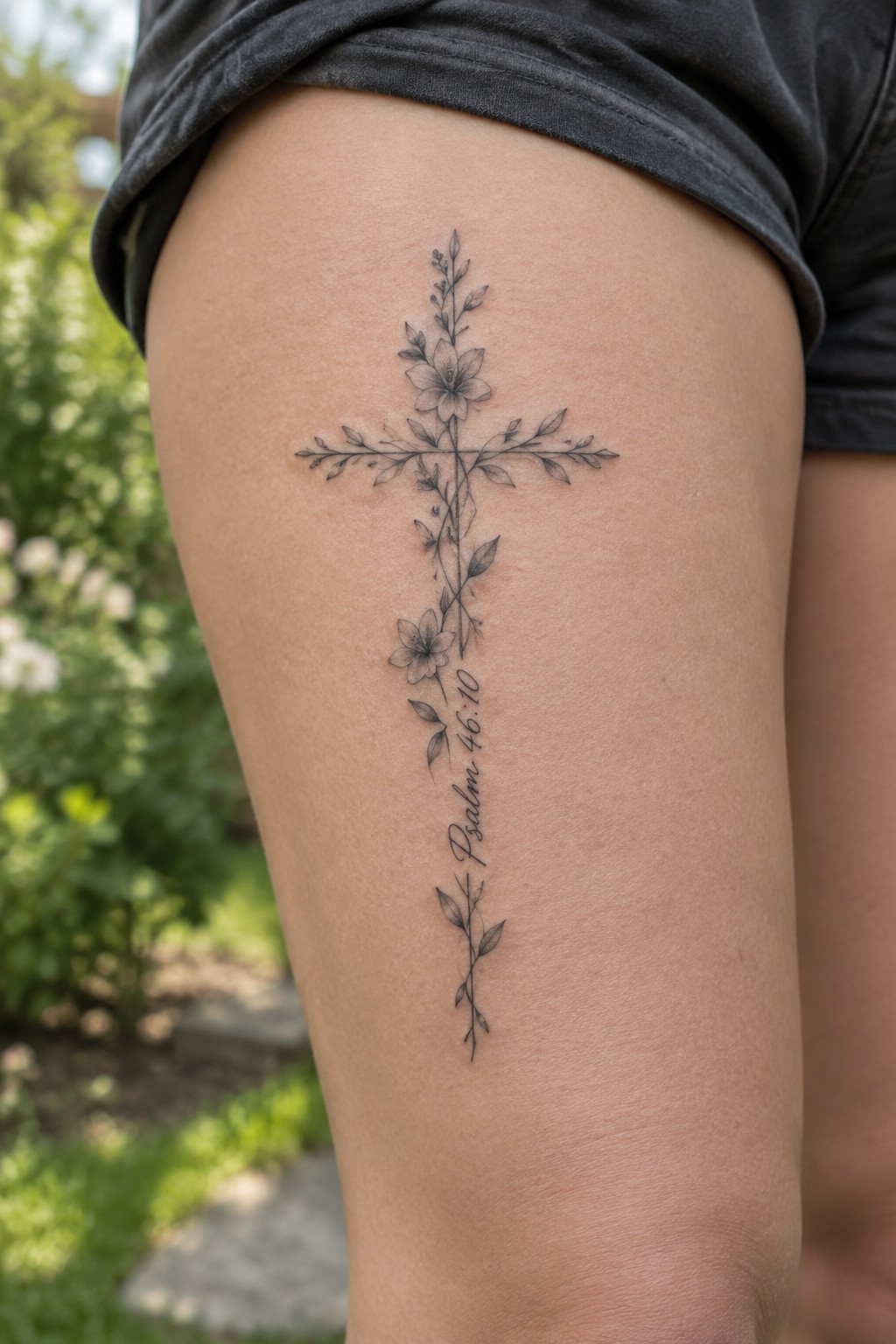 Floral cross tattoo with Psalm 46:10 on thigh under dark shorts