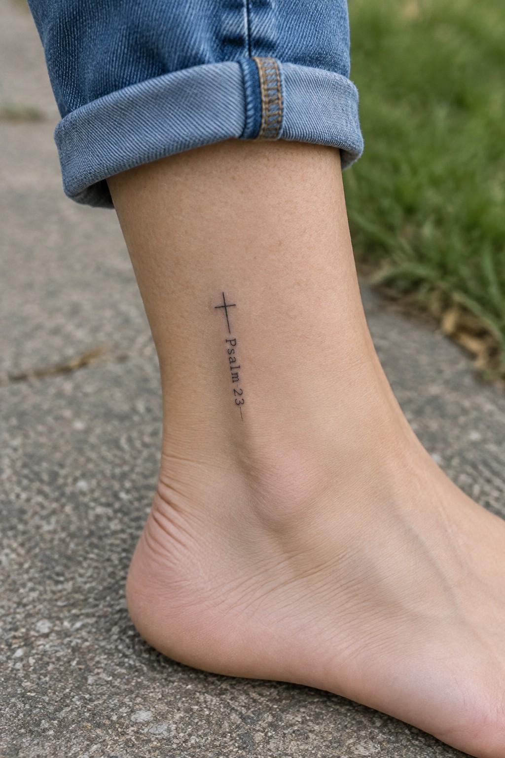 Bare ankle with cross and Psalm 23 tattoo, blue jeans rolled at cuff.