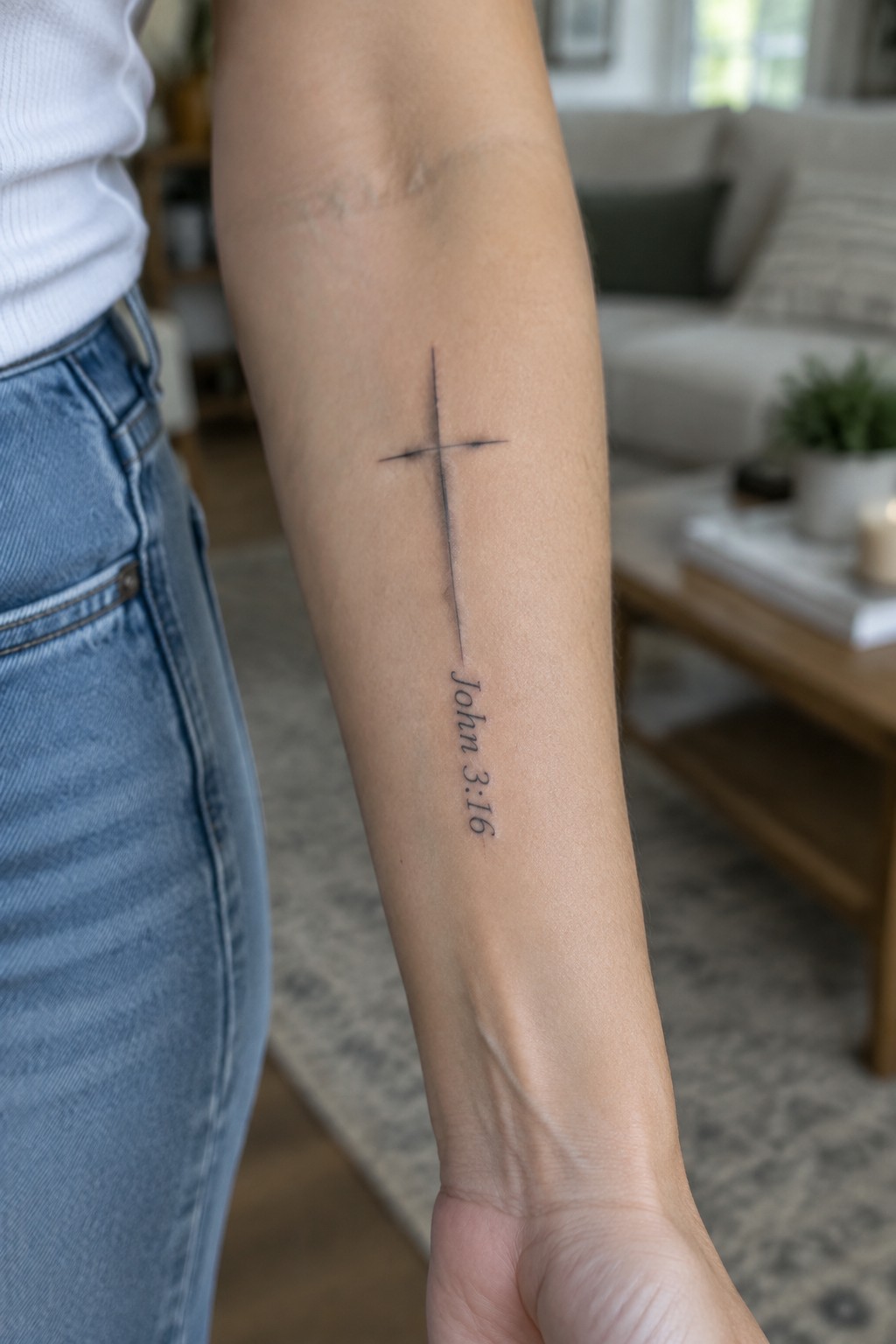 Cross tattoo with John 3:16 on forearm, white shirt and blue jeans visible.