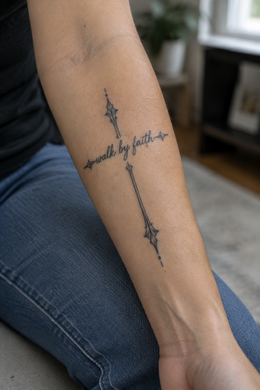 Arm with ornate cross tattoo reading 