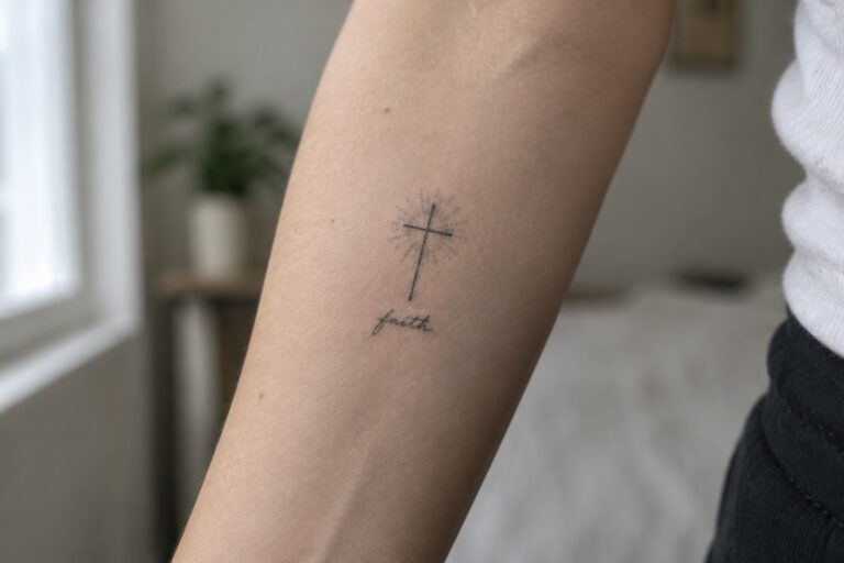 Arm with cross-and-rays tattoo and faith script near white sweater and blue jeans.
