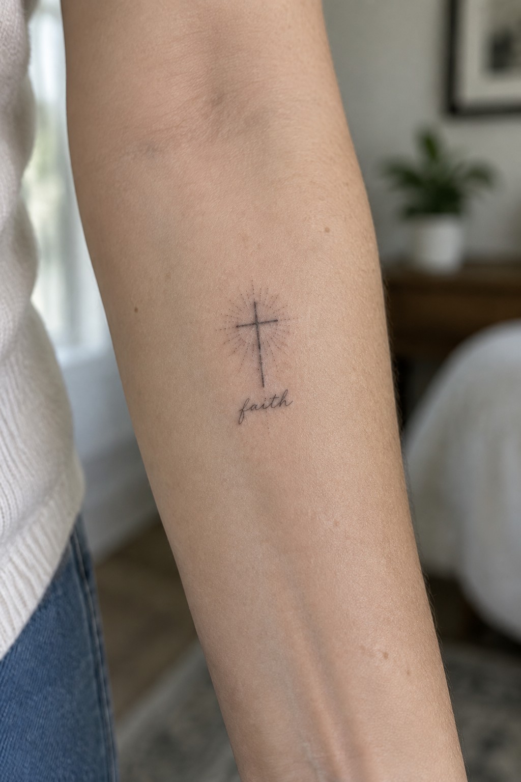 Arm with cross-and-rays tattoo and faith script near white sweater and blue jeans.