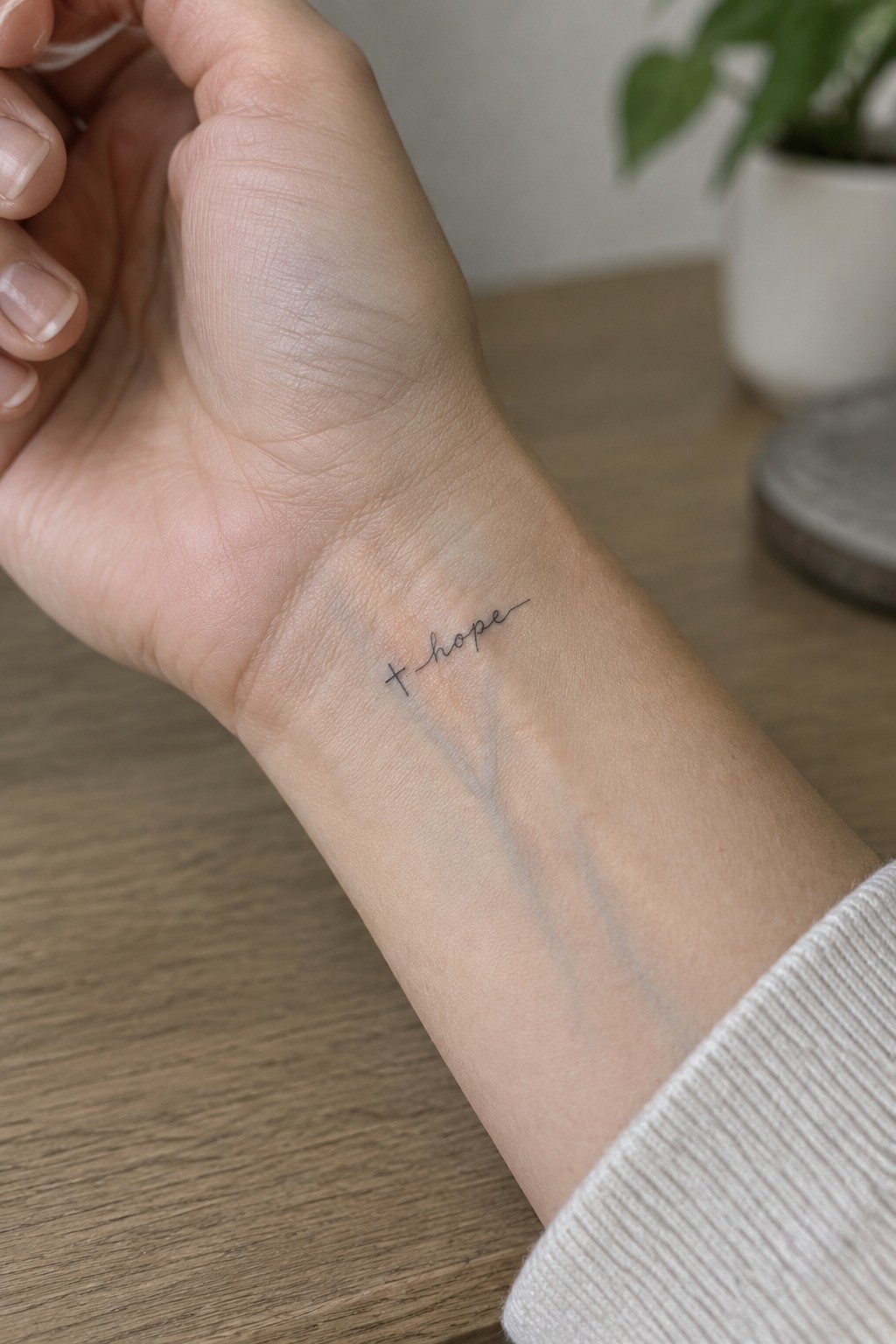 Wrist with '+ hope' tattoo in script, cross symbol, white sweater cuff on wooden table.