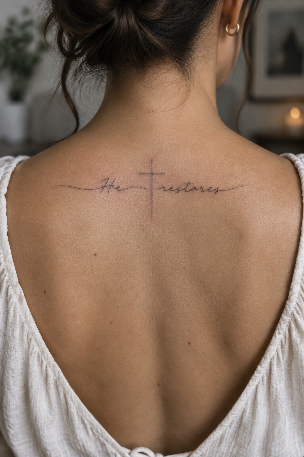 Woman's back in white top with cross tattoo reading 