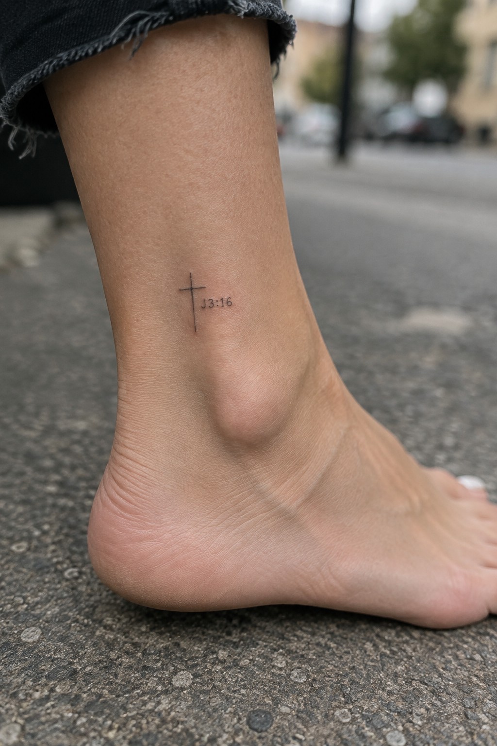 Small cross tattoo with J3:16 on ankle above bare foot, black frayed denim.