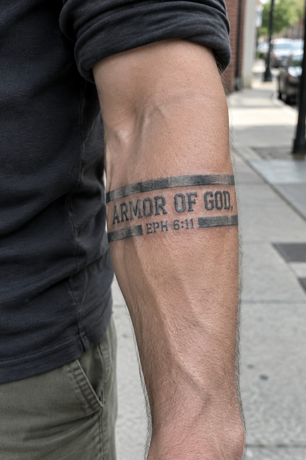 Arm in gray shirt with black 