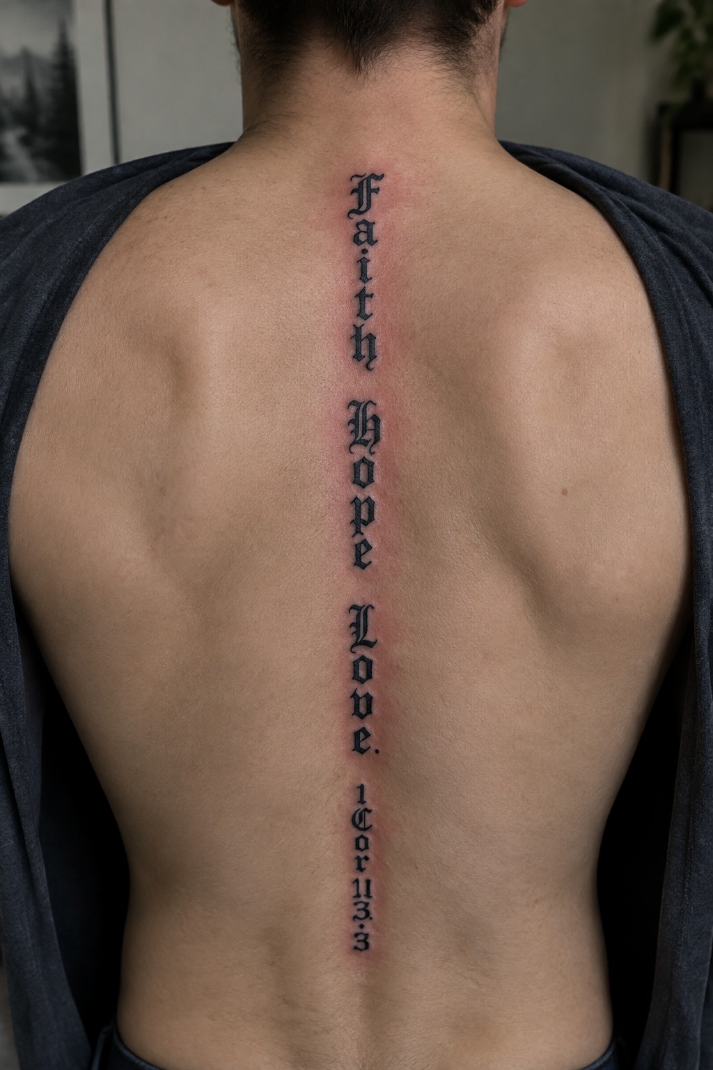 Shirtless back with fresh vertical blackletter tattoo spelling Faith Hope Love and Bible verse.