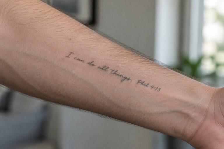 Arm with cursive tattoo "I can do all things. Phil 4:13" on grey shirt sleeve.