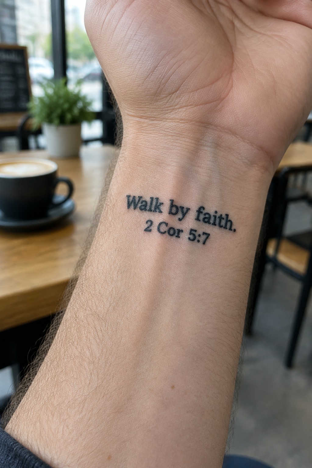 Close-up photo of a small black text tattoo on the inner wrist that reads Walk by faith. 2 Cor 5:7.