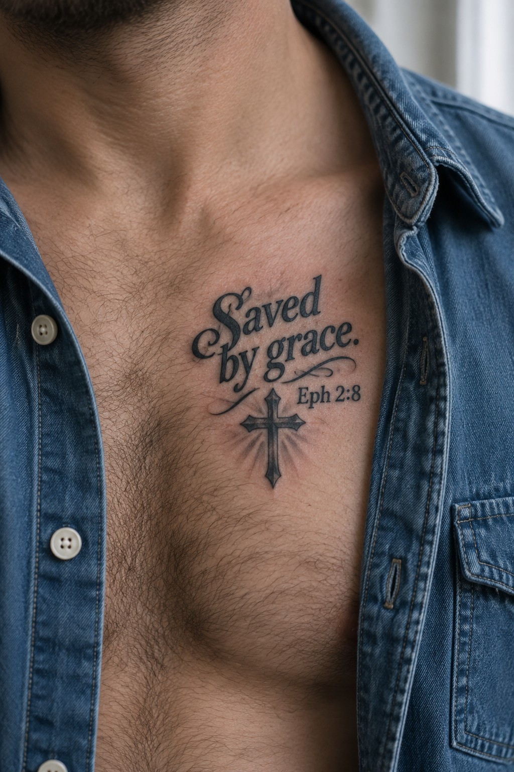 Close up of a man's chest showing a tattoo with the words Saved by grace above a cross and the reference Eph 2:8.