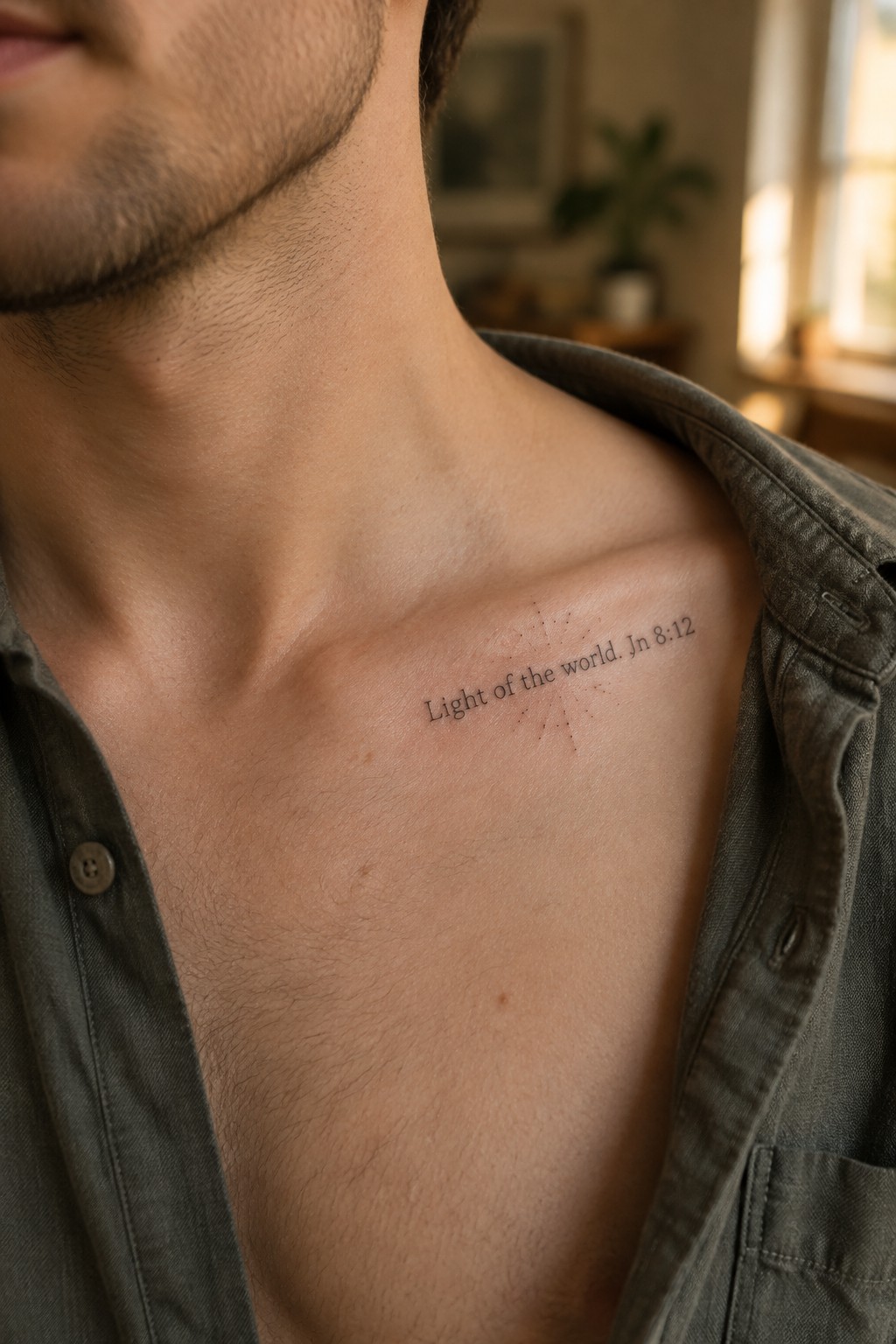 Close up of a small minimalist tattoo on a man's upper chest showing the text 