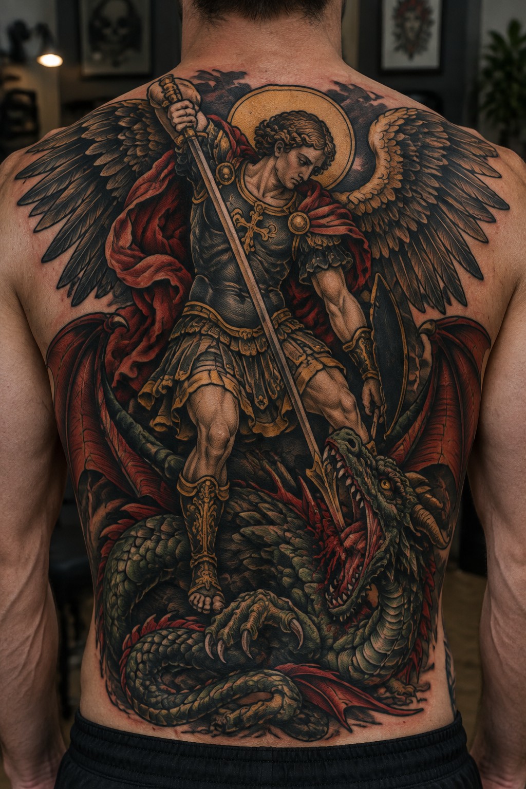 Large realistic tattoo on a man's back showing Saint Michael the Archangel with wings and sword standing over a dragon in a biblical battle scene.