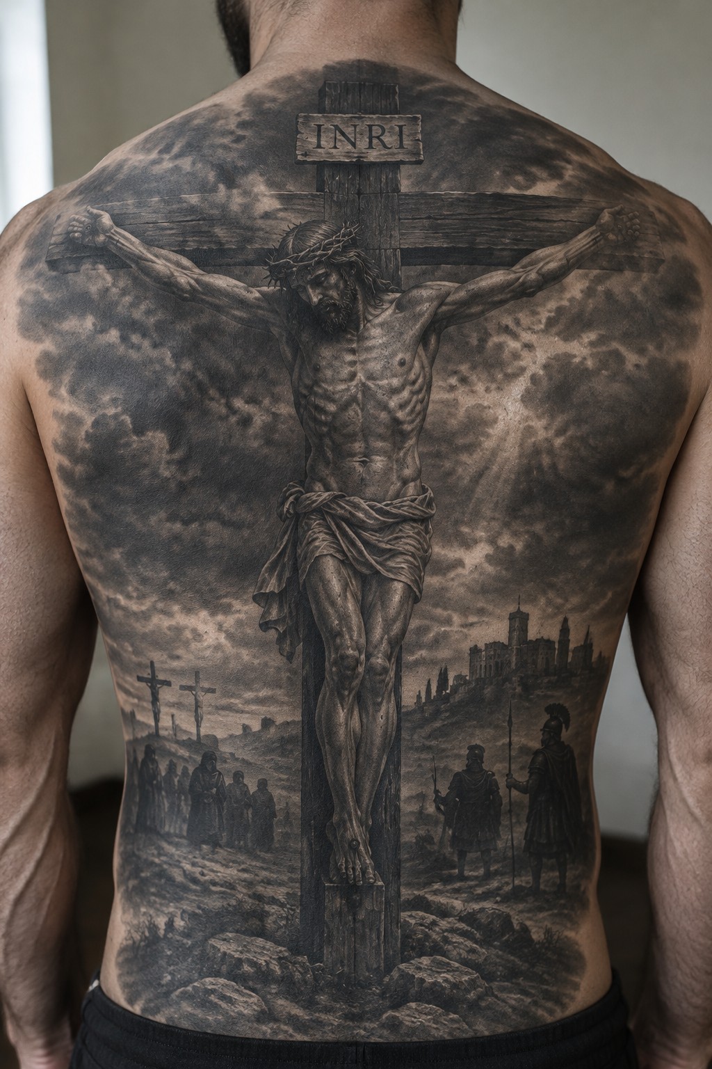 Detailed black-and-gray tattoo of Jesus crucified with INRI sign and soldiers on back