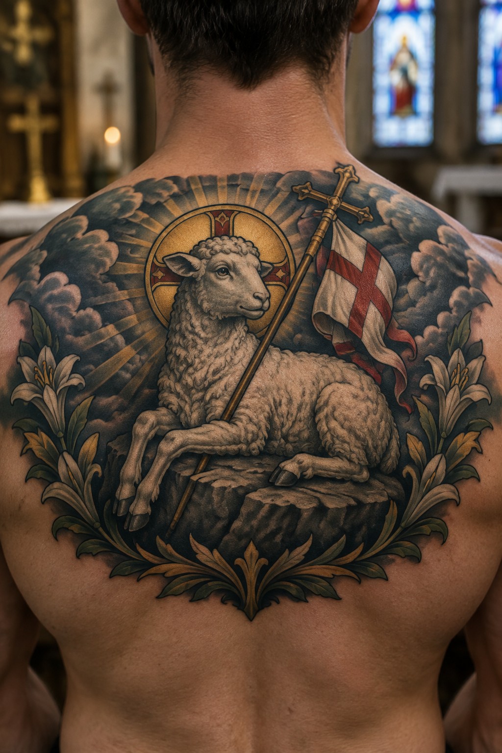 Muscular man's back with large tattoo of lamb holding cross and flag amid clouds and lilies.