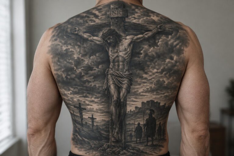 24 Rugged Christian Back Tattoos for Men Featuring Large Biblical Scenes Detailed black-and-gray tattoo of Jesus crucified with INRI sign and soldiers on back