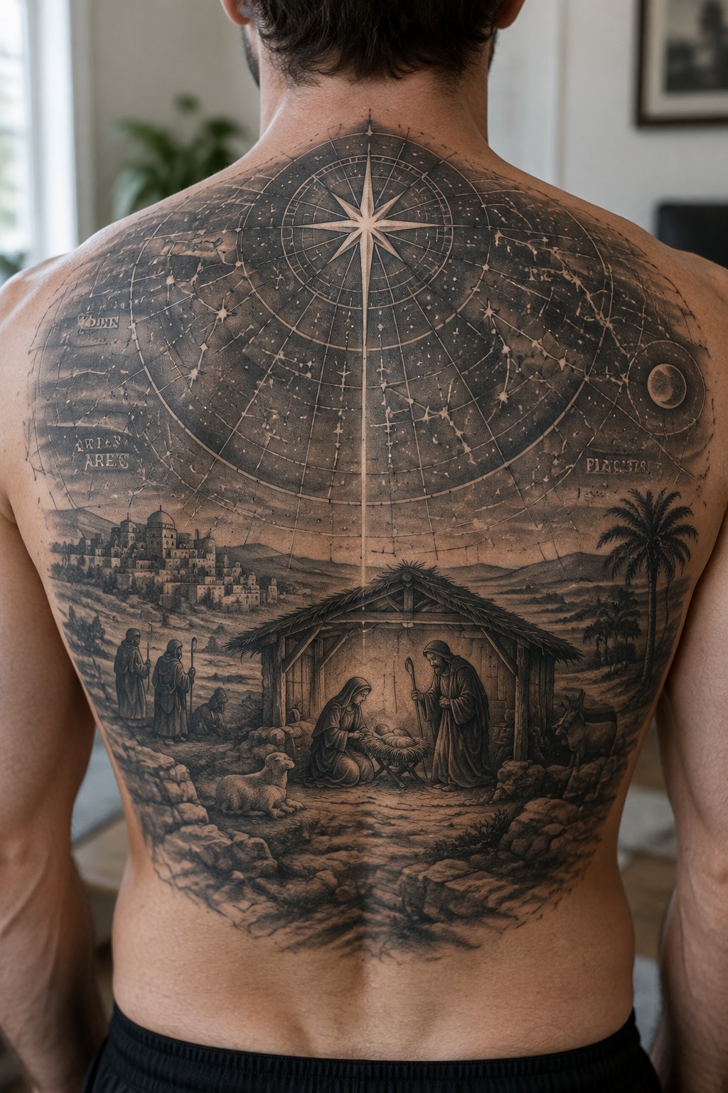 Intricate black-and-gray back tattoo showing nativity scene beneath large celestial compass rose.