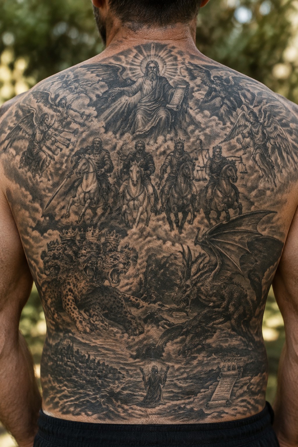 Shirtless man's back with detailed black-and-gray tattoo of apocalyptic biblical scene